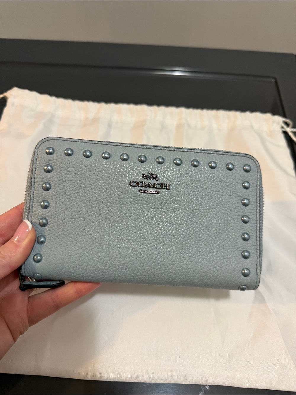 Coach Pebble Leather Zip Wallet in Pale Blue with Stud Detail